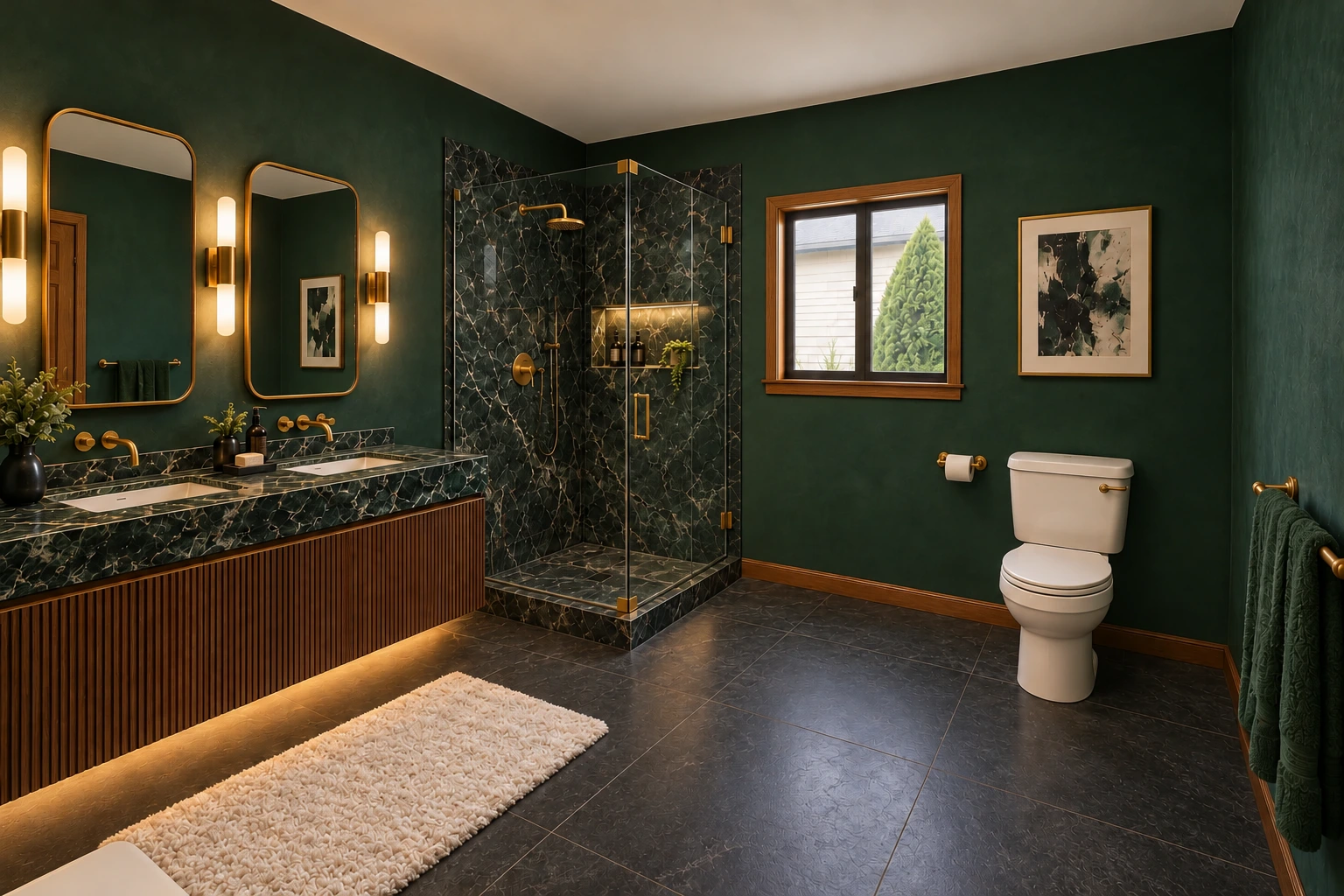 Proposed modern luxury design for the same bathroom with deep green marble, a floating walnut vanity and charcoal slate floors