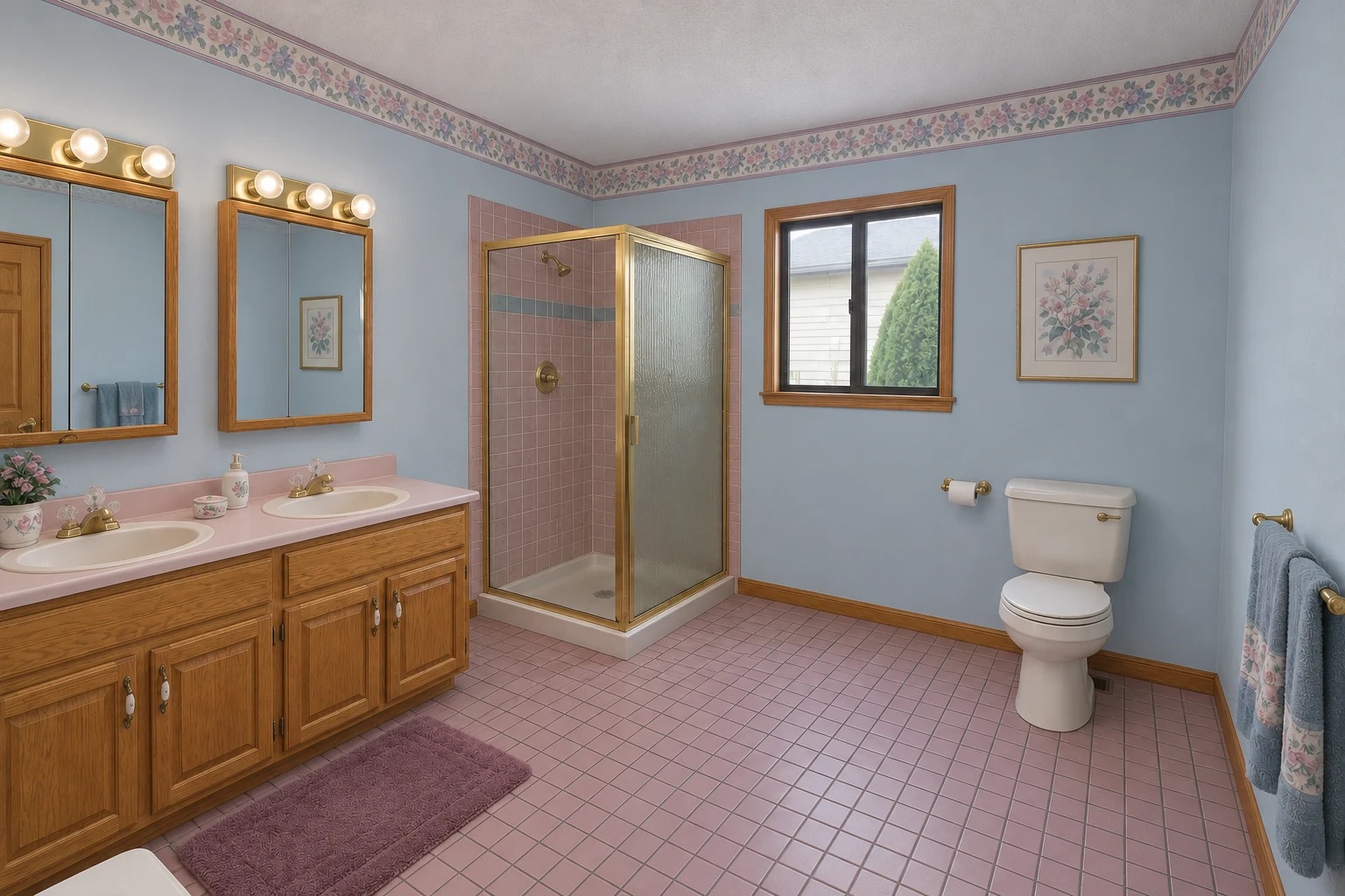 Illustrative late-1990s bathroom with oak cabinets, small mauve tiles, blue walls and framed shower glass