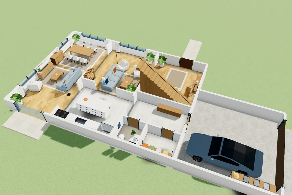 The Linden House ground floor in 3D with the walls cut away: every room furnished, the stair, kitchen island and garage