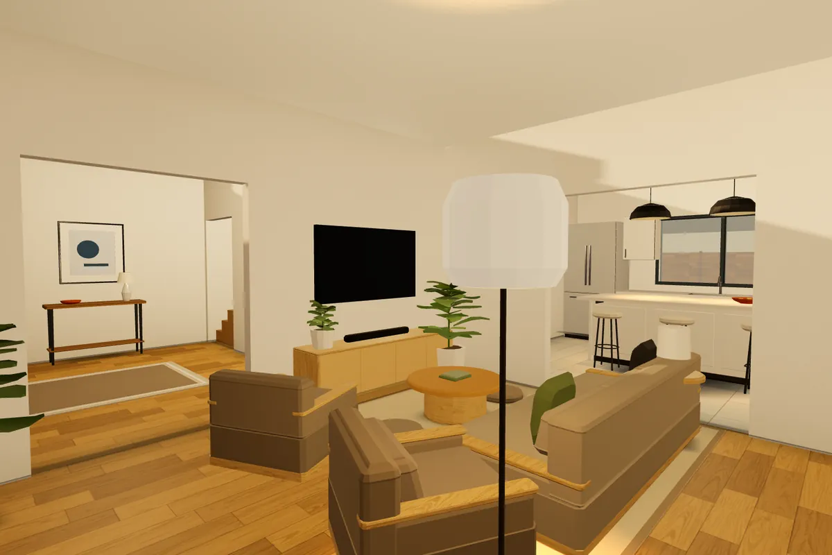 The Linden living room furnished in a natural, warm style: timber, linen and a paper floor lamp