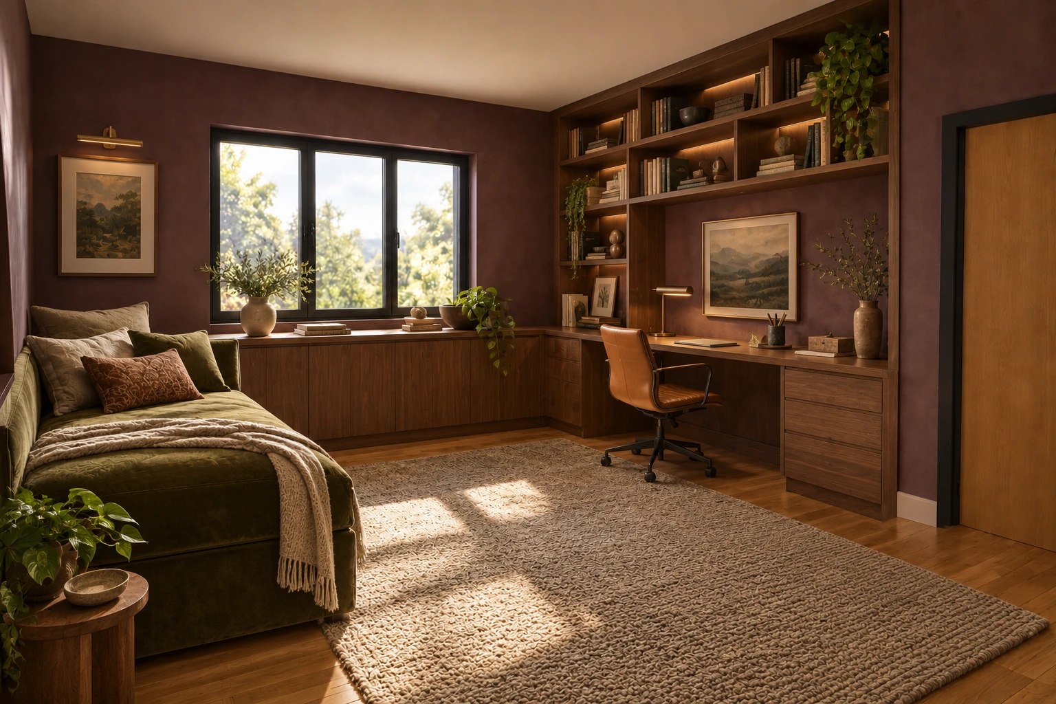 The same room imagined as a walnut home office with a guest daybed