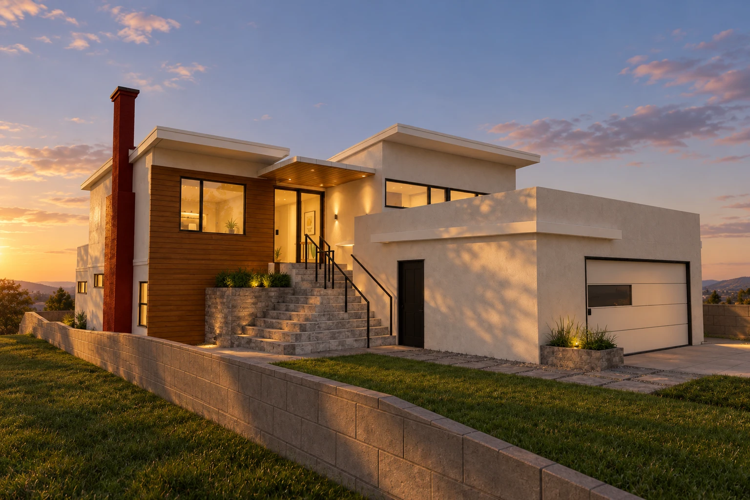Photoreal visualization of the modeled home in golden-hour light