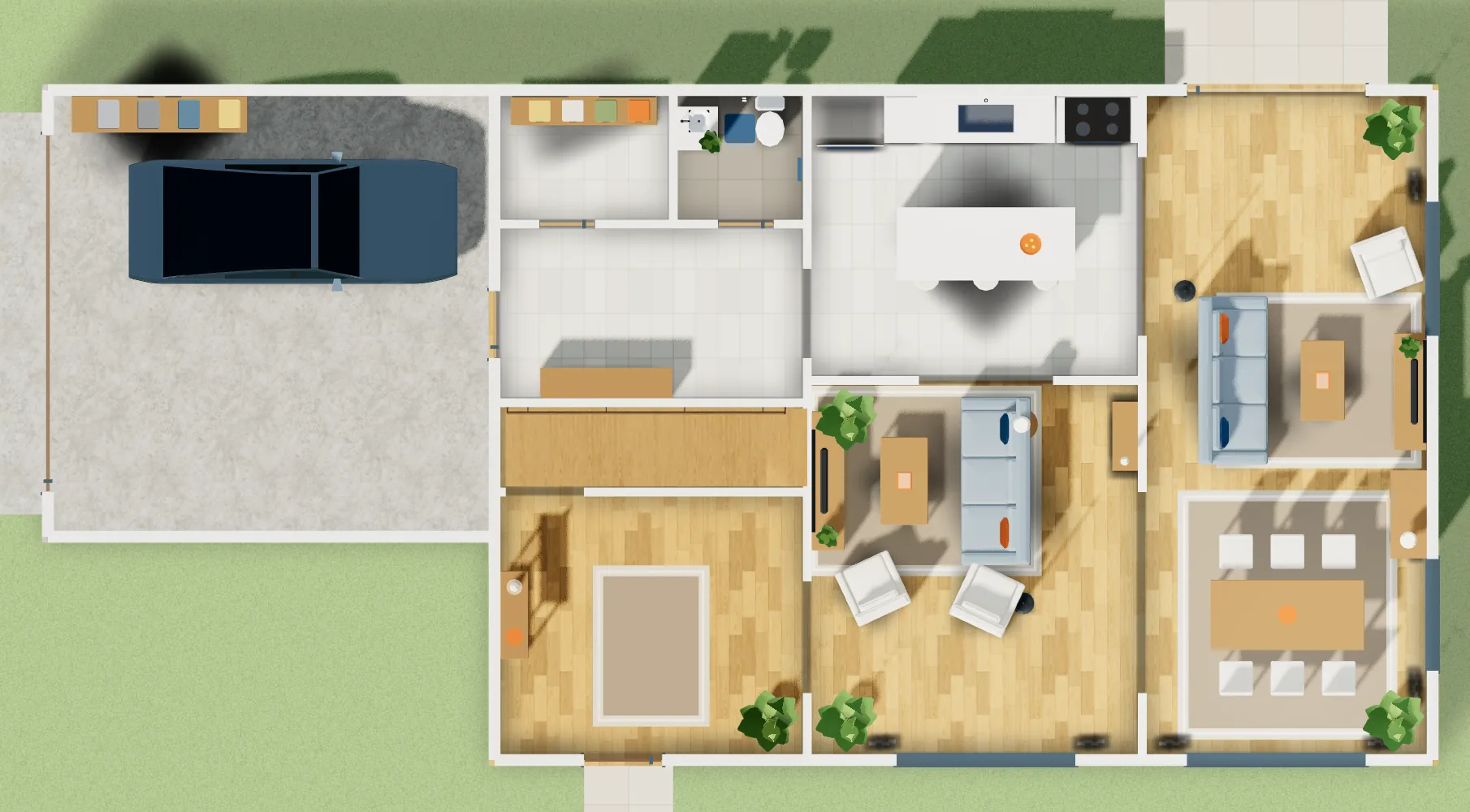 The same ground floor as a furnished model, seen from above at the same scale and position