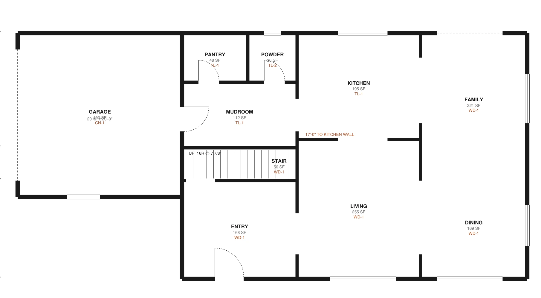 Ground-floor plan drawing of the Linden House sample: garage, pantry, powder room, mudroom, stair, entry, kitchen, living, family and dining rooms